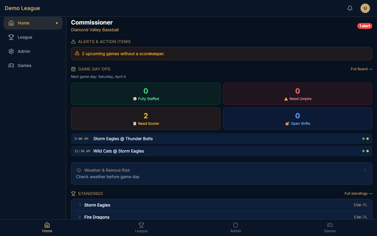 DiamondOS Free Tier β full features for leagues up to 4 teams, no credit card