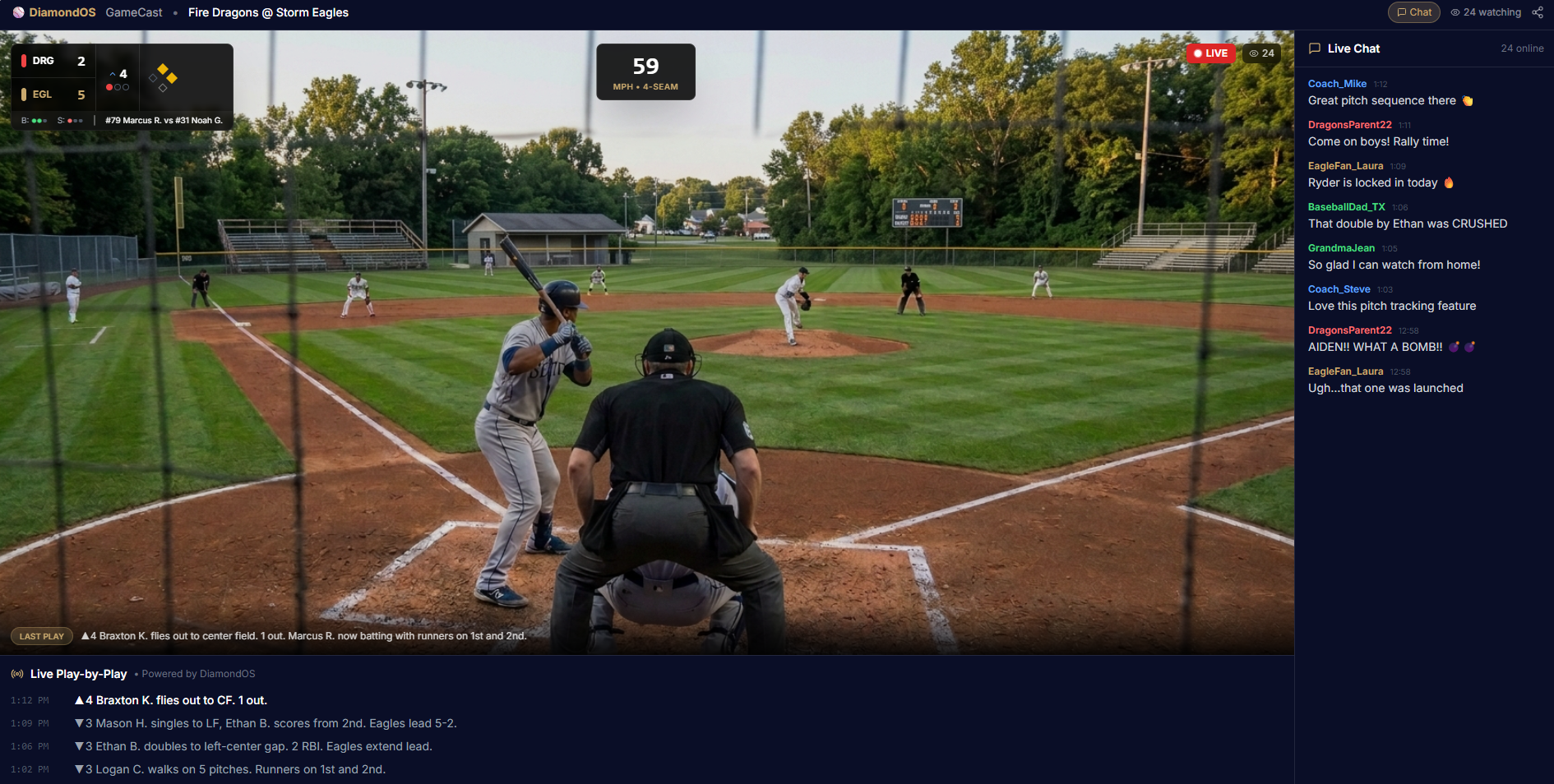 DiamondOS Live GameCast β live video streaming with score bug, play-by-play, and fan chat