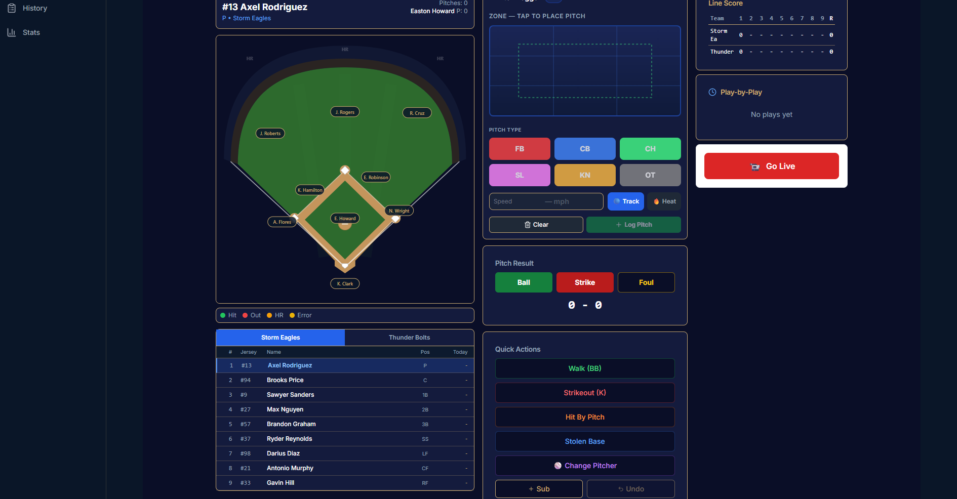 DiamondOS Scorekeeper β pitch tracking, spray charts, live analytics